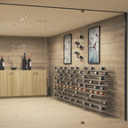 VintageView wall mounted metal wine rack used in glass wine room display
