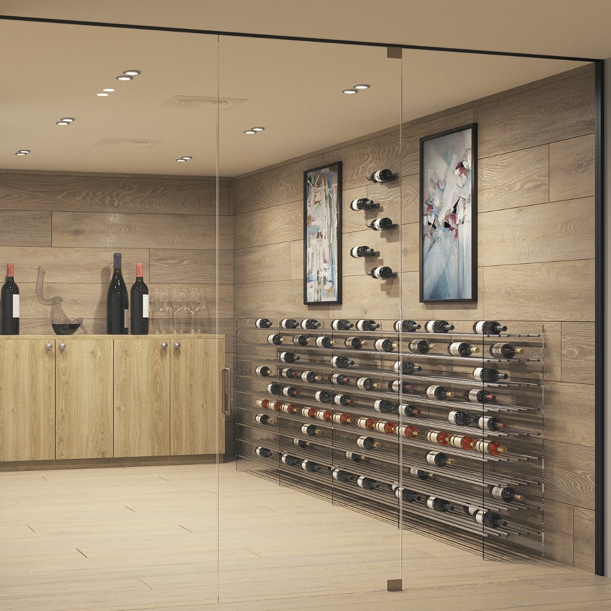 VintageView wall mounted metal wine rack used in glass wine room display