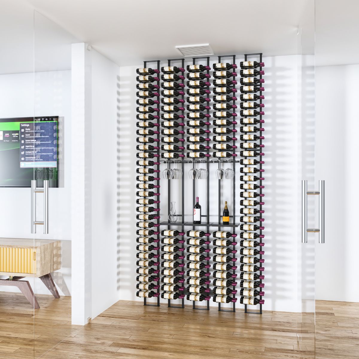 VintageView wall mounted wine cellar shelf inside a glass enclosed wine room featuring floor to ceiling label forward wine storage