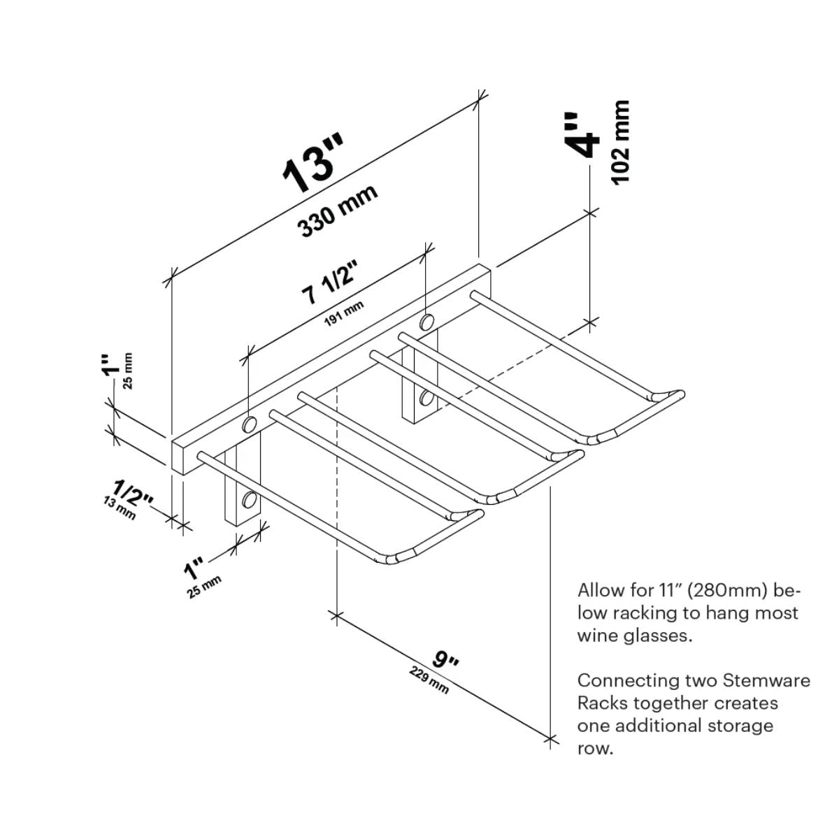 VintageView Wall-Mounted Wine Glass Stemware Rack Double Depth Dimension Diagram Shown