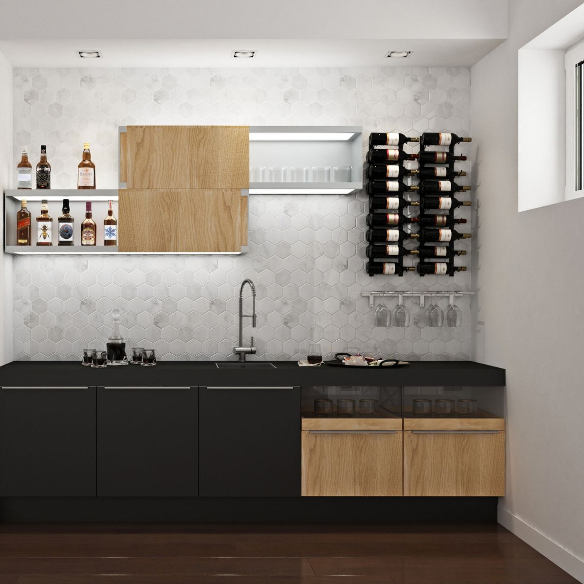 Wall mounted wine glass stemware rack used in a modern kitchen bar with minimalist cabinetry and under cabinet lighting
