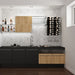 Wall mounted wine glass stemware rack used in a modern kitchen bar with minimalist cabinetry and under cabinet lighting