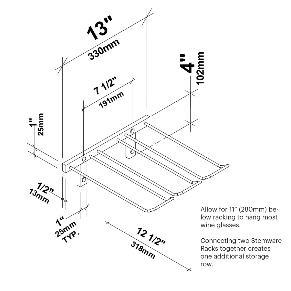 VintageView Wall-Mounted Wine Glass Stemware Rack Triple Depth Dimension Diagram Shown