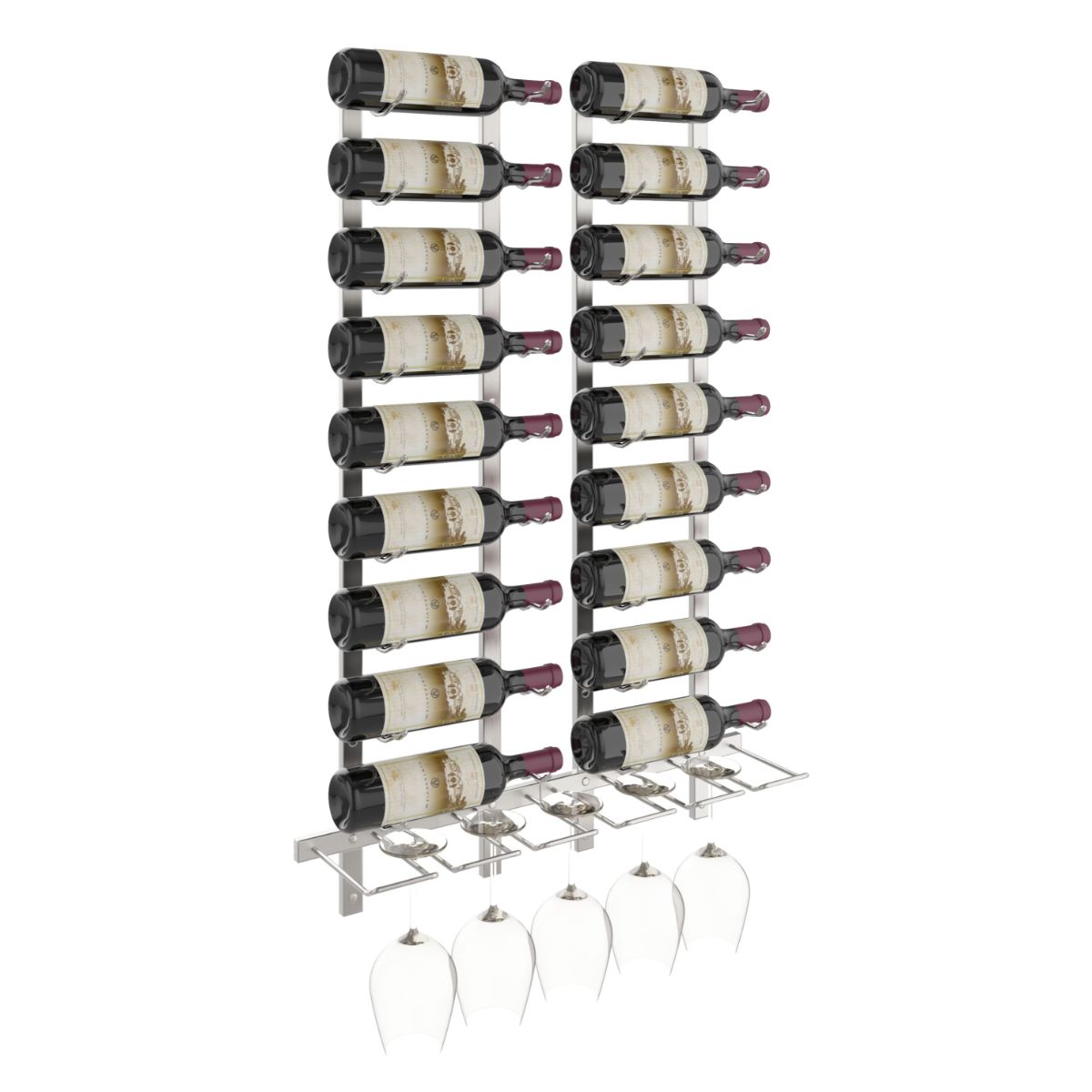 VintageView Wet Bar Wall-Mounted Wine Rack Kit 18 Bottles 5 Glasses Brushed Nickel Shown