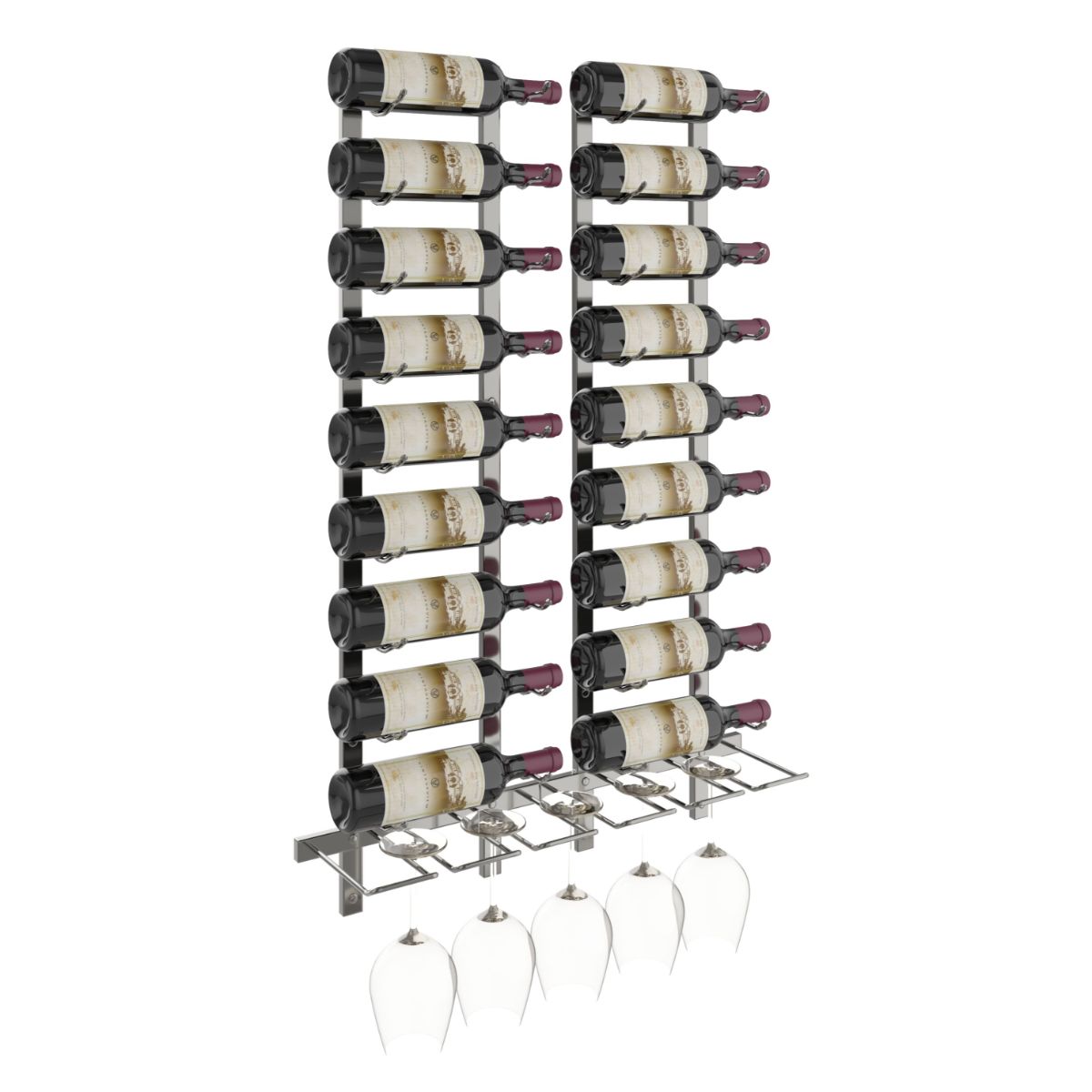 VintageView Wet Bar Wall-Mounted Wine Rack Kit 18 Bottles 5 Glasses Gunmetal Shown