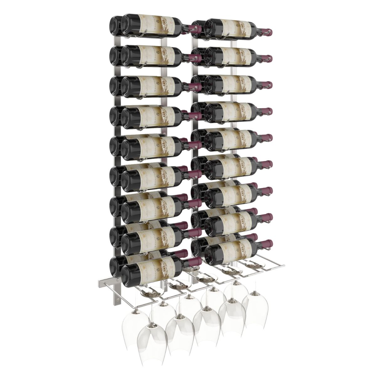 VintageView Wet Bar Wall-Mounted Wine Rack Kit 36 Bottles 10 Glasses Brushed Nickel Shown