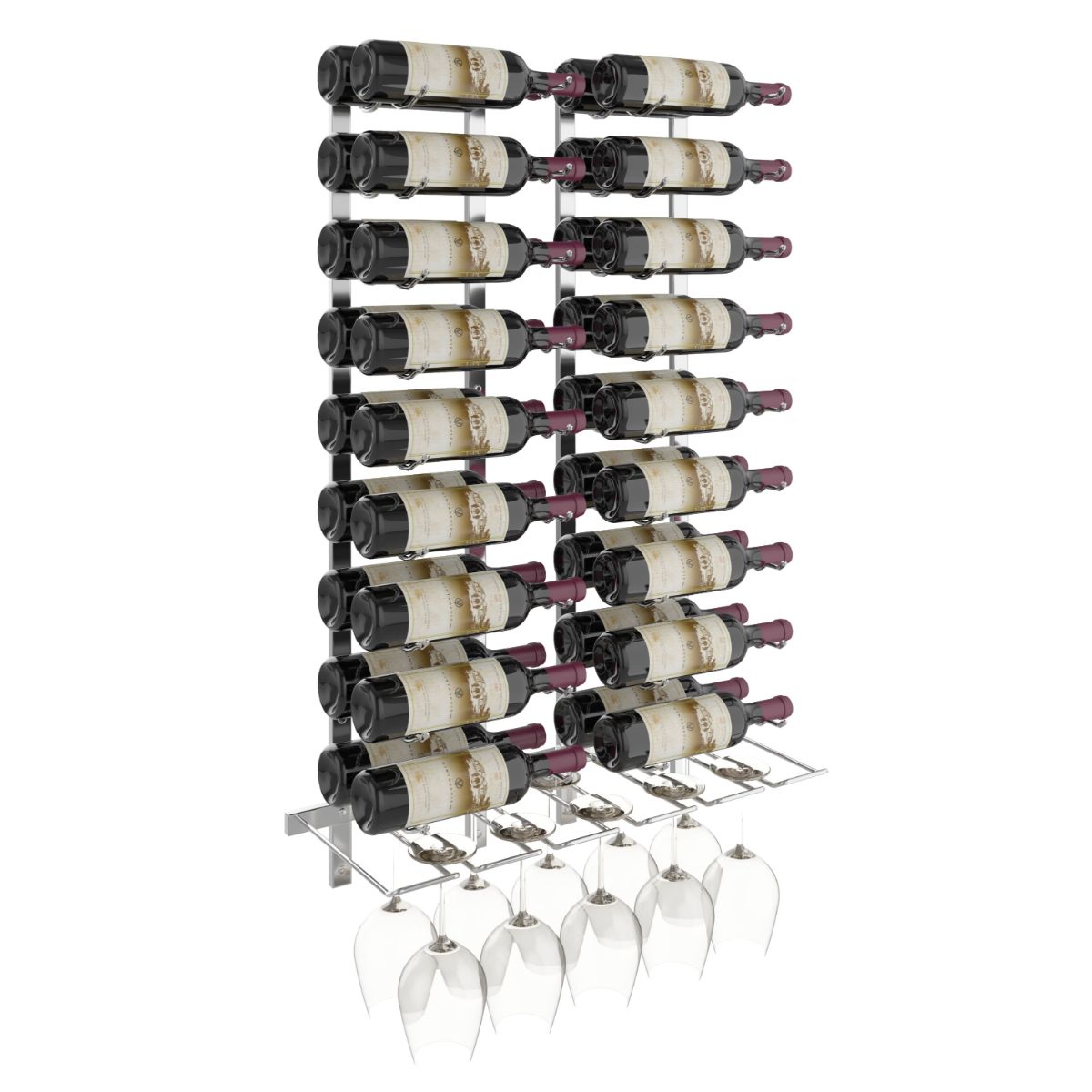 VintageView Wet Bar Wall-Mounted Wine Rack Kit 36 Bottles 10 Glasses Chrome Luxe Shown