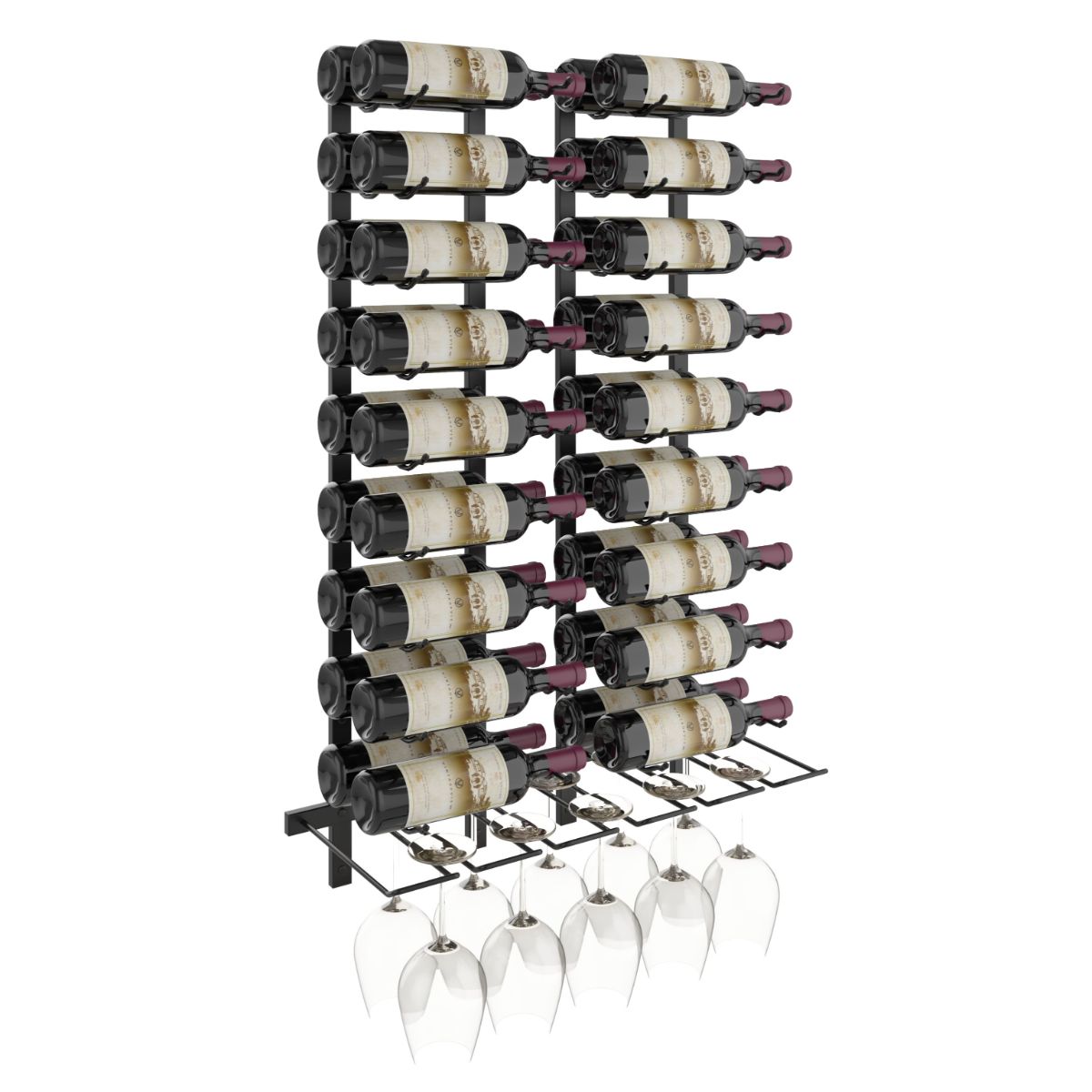 VintageView Wet Bar Wall-Mounted Wine Rack Kit 36 Bottles 10 Glasses Matte Black Shown