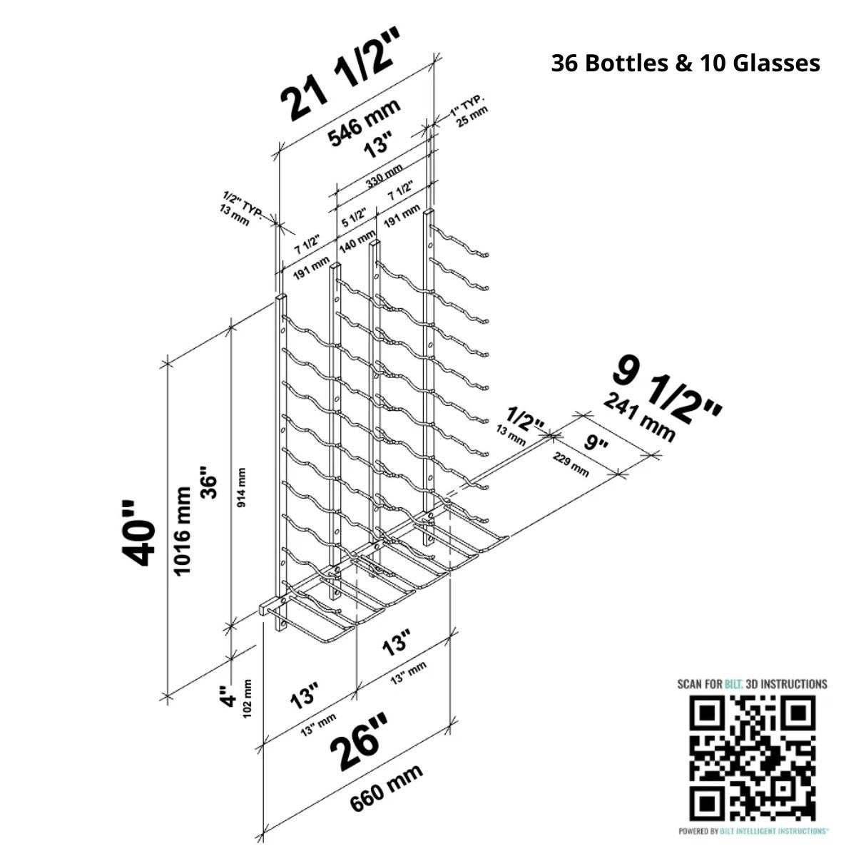 VintageView Wet Bar Wall-Mounted Wine Rack Kit 36 Bottles and 10 Glasses Dimensions Diagram