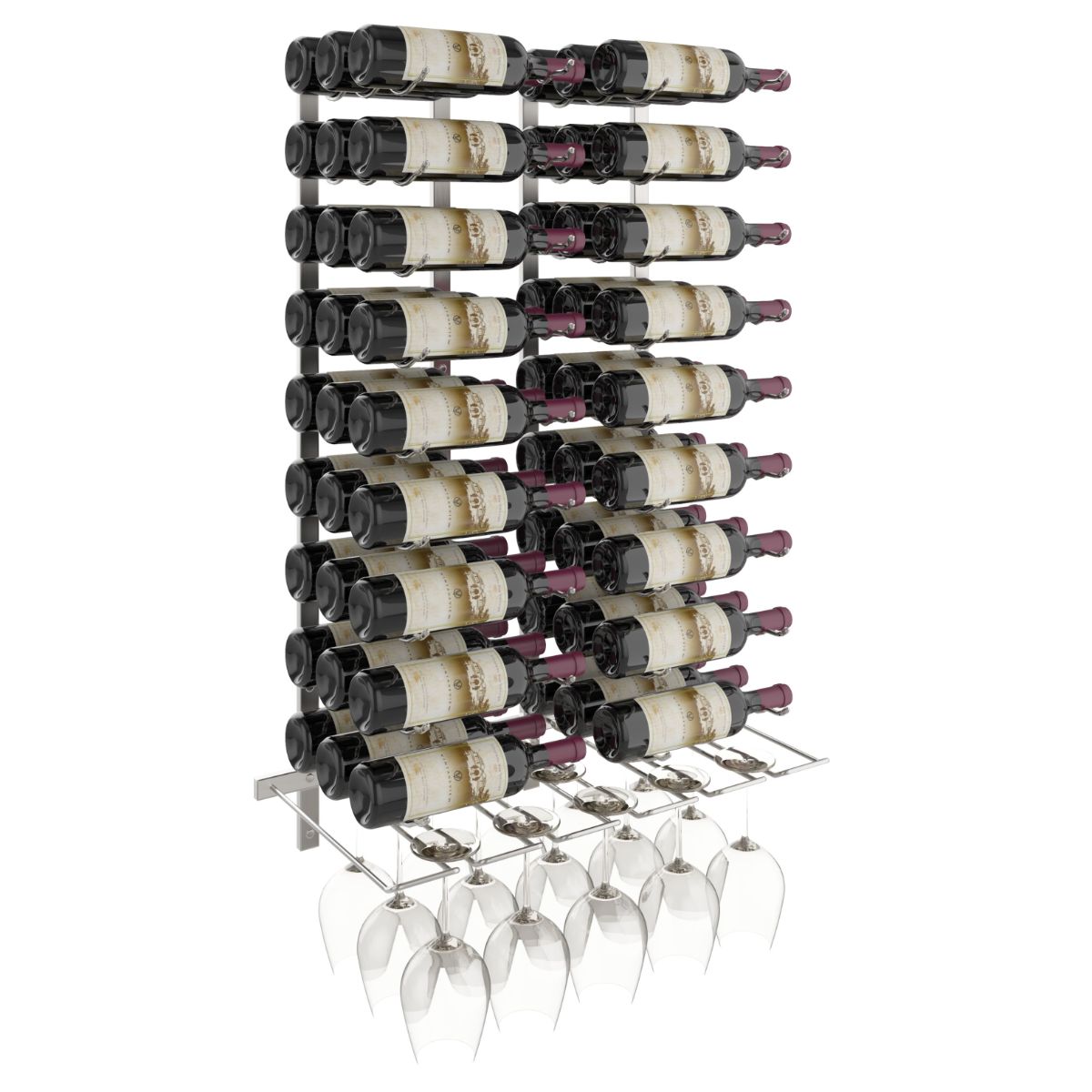VintageView Wet Bar Wall-Mounted Wine Rack Kit 54 Bottles 15 Glasses Brushed Nickel Shown