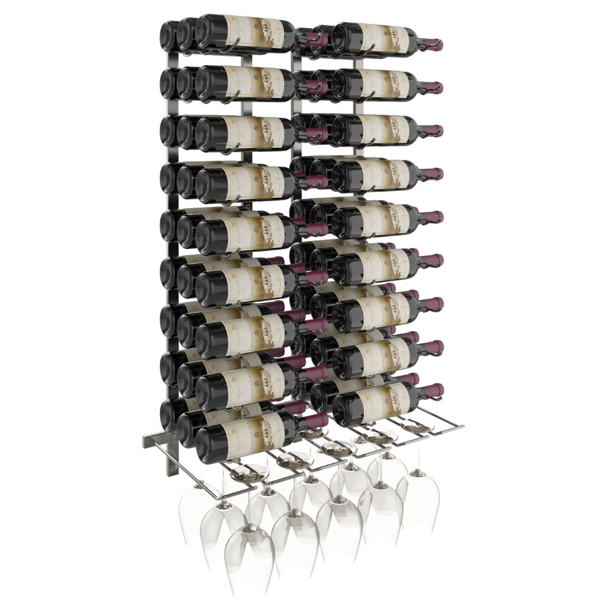 VintageView Wet Bar Wall-Mounted Wine Rack Kit 54 Bottles 15 Glasses Gunmetal Shown