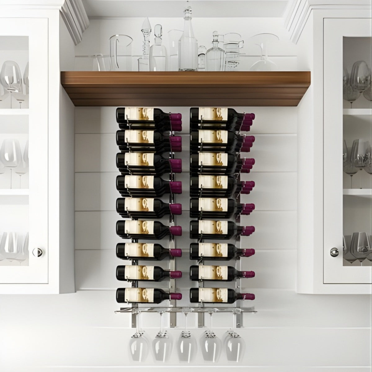 VintageView wet bar wall mounted wine rack kit installed under cabinets with vertical wine bottle storage and integrated stemware rack