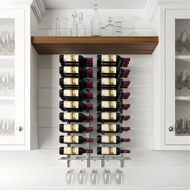 VintageView wet bar wall mounted wine rack kit installed under cabinets with vertical wine bottle storage and integrated stemware rack