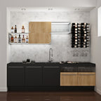 VintageView wet bar wall mounted wine rack kit installed on a modern kitchen bar wall with wine bottles and hanging wine glasses