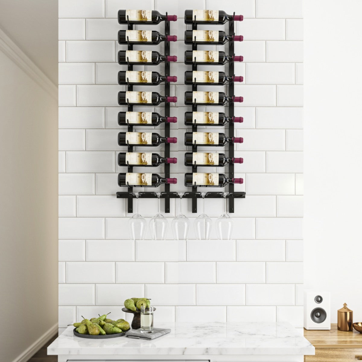 VintageView wet bar wall mounted wine rack kit on a white subway tile wall with dual bottle columns and stemware storage below