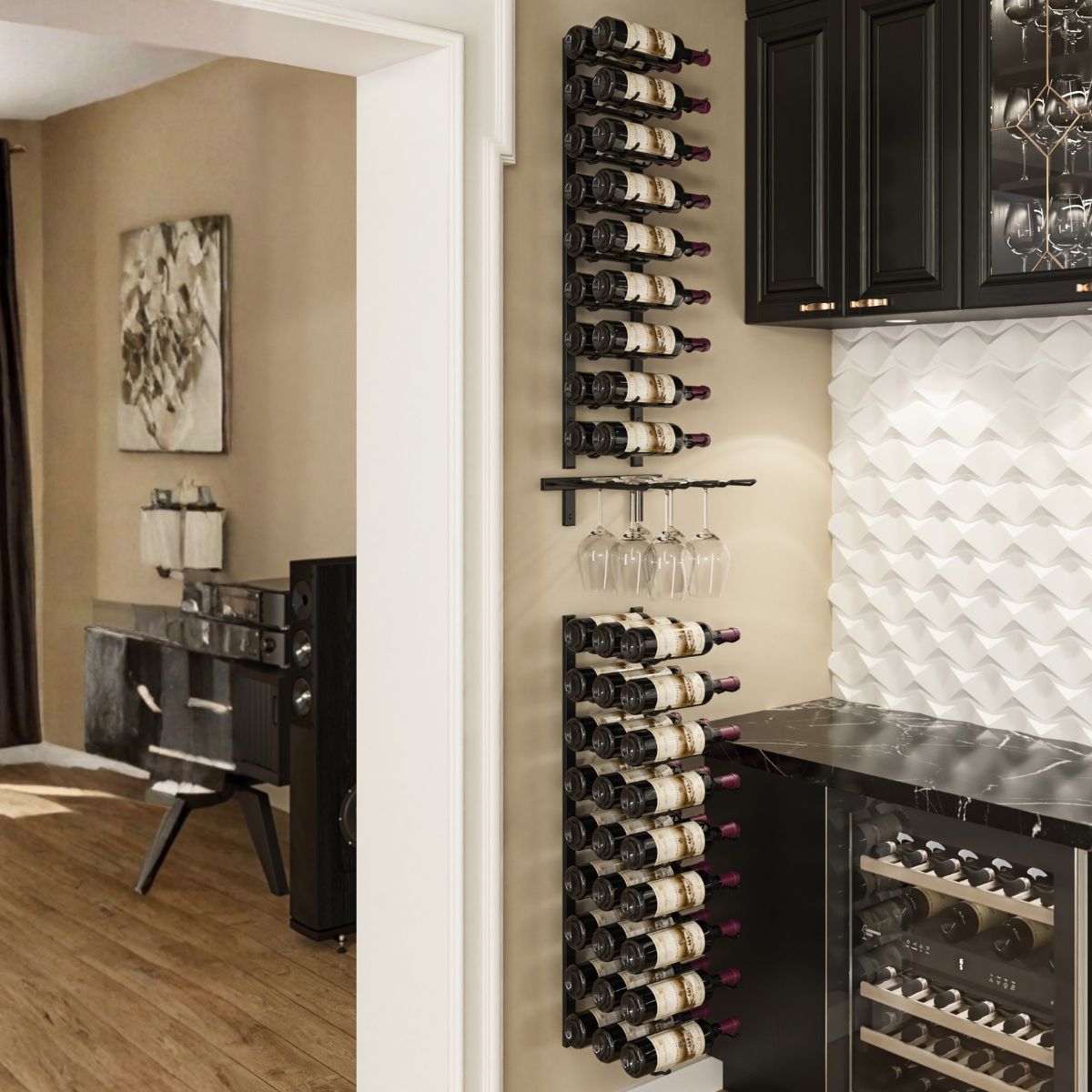 VintageView wine glass and bottle rack kit installed under kitchen cabinets with vertical wine bottle storage and stemware rack above a bar counter
