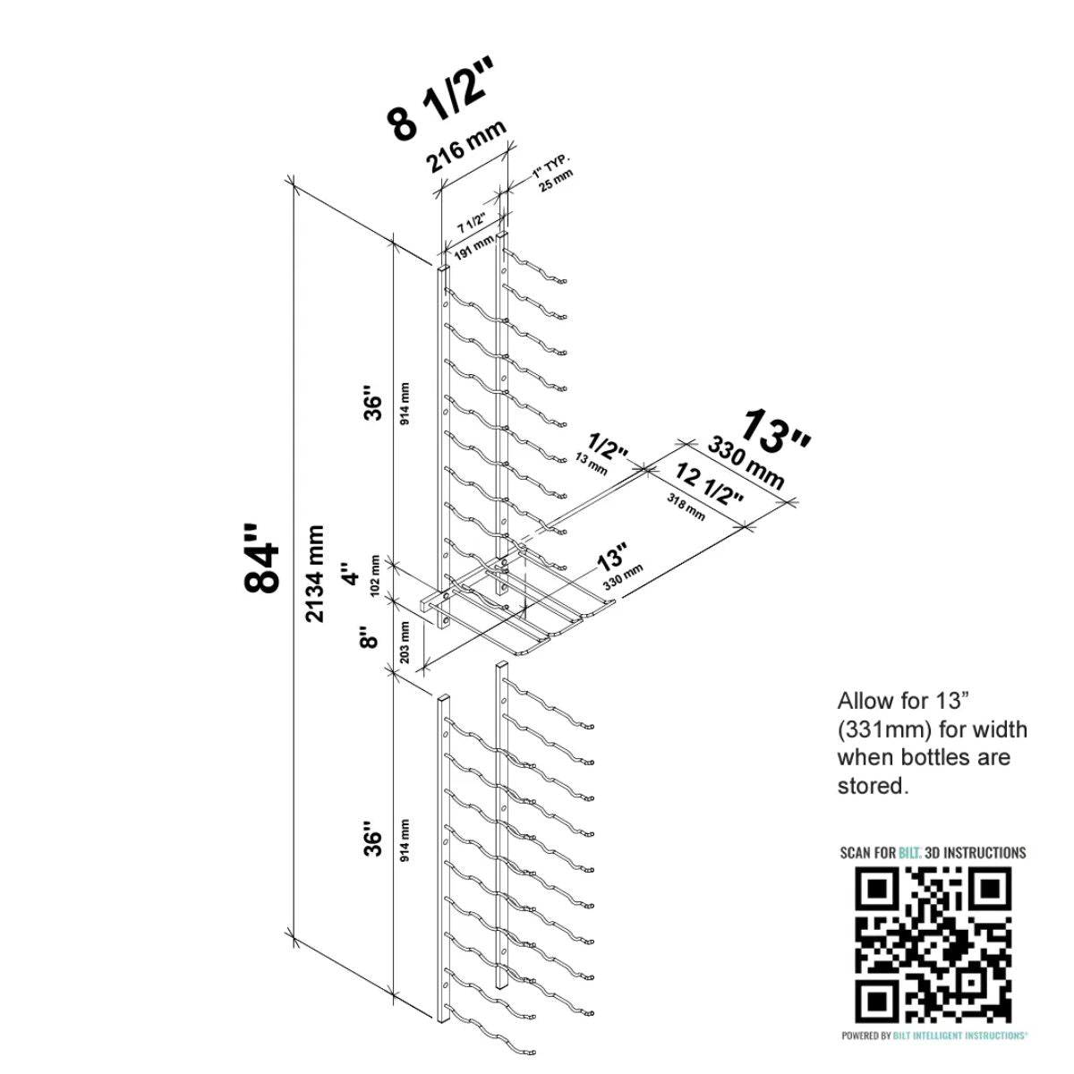 VintageView Wine Glass and Bottle Rack Kit Dimension Diagram Shown