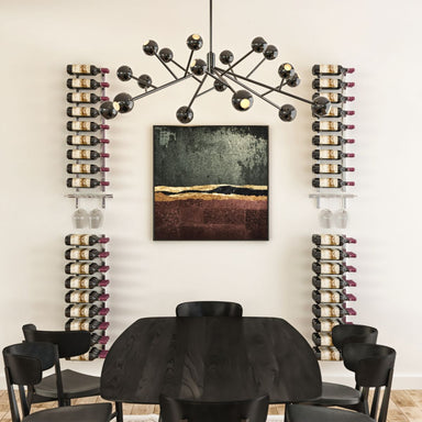 VintageView wine glass and bottle rack kit creating a symmetrical dining room wall with vertical wine bottle columns and integrated stemware racks