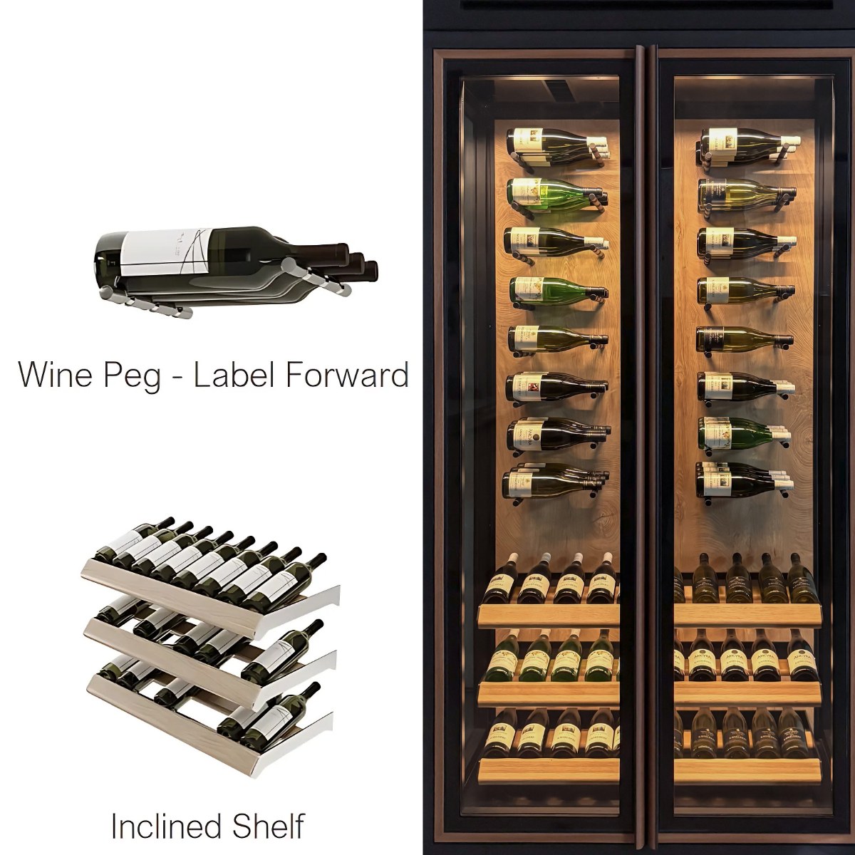 Vitrus 2 Door Glass Wine Cellar with Pegs & Inclined Shelves - Wine Peg and Inclined Shelf Shown