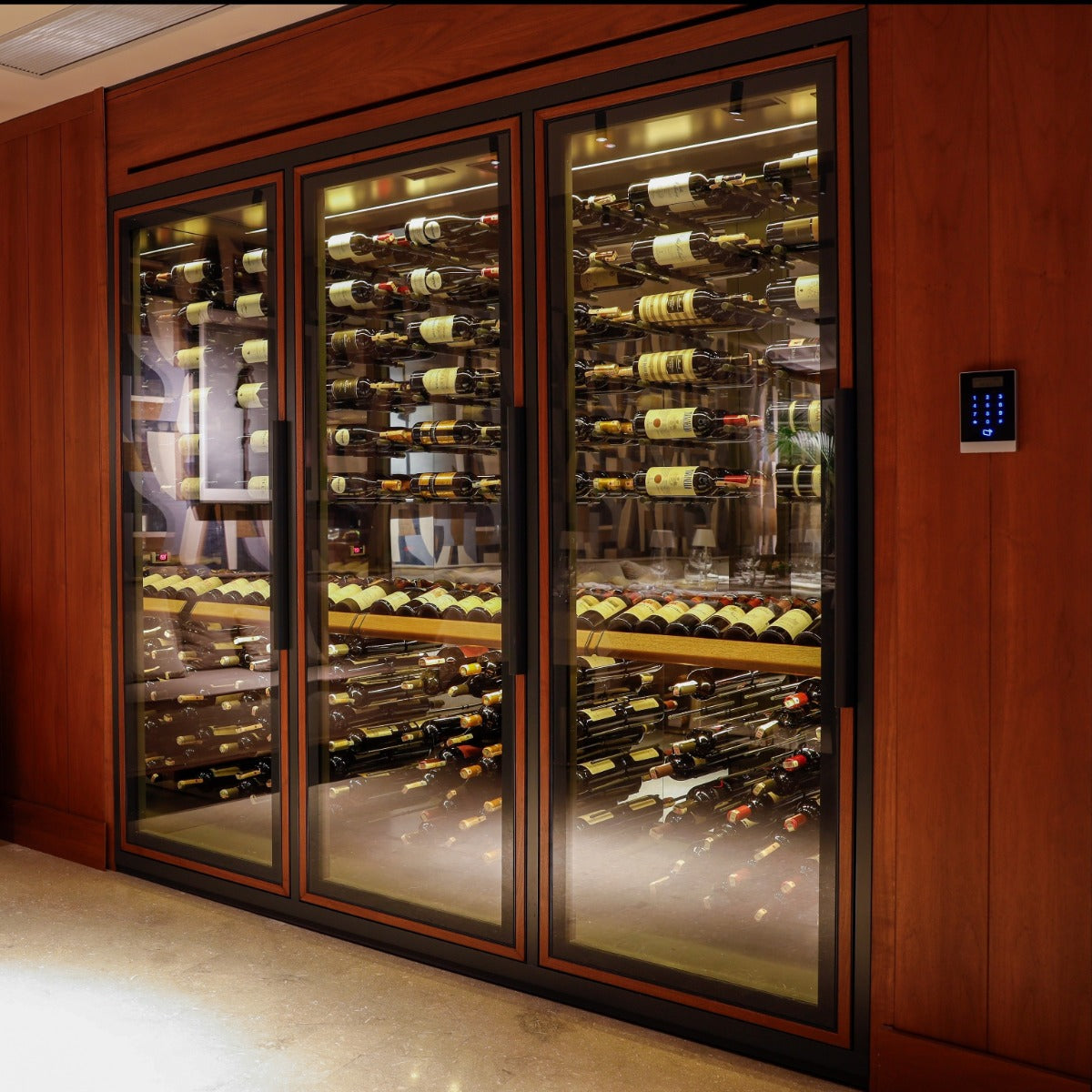 Vitrus 3 Door Glass Wine Cellar with Peg Display & Shelf - Angled View of the Wine Cabinet