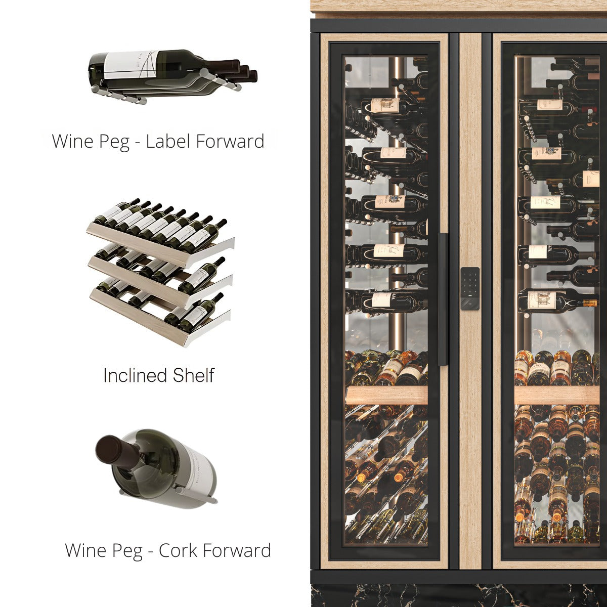 Vitrus 3 Door Glass Wine Cellar with Peg Display & Shelf - Cork Forward, Label Forward Peg and Inclined Shelf Shown