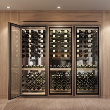 Vitrus 3 Door Glass Wine Cellar with Peg Display & Shelf - Front View of the Wine Cabinet with Door Opened