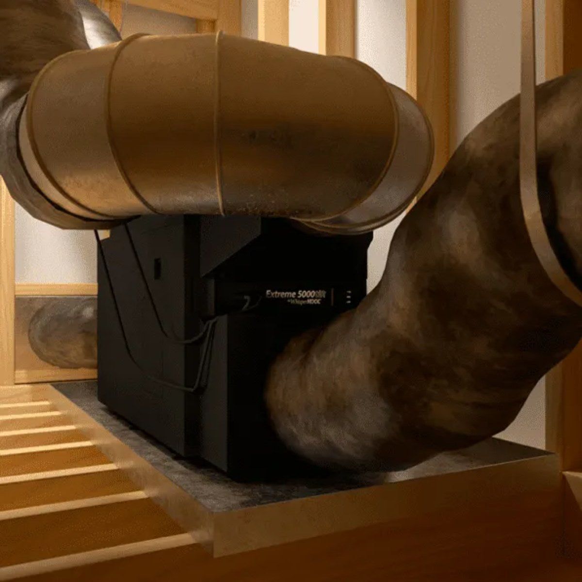 WhisperKOOL Extreme TiR 3500 Fully Ducted Wine Cooling System - A Close up View of the Fully Ducted System  from the Attic