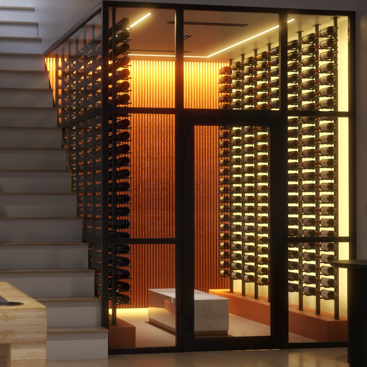 WhisperKOOL Extreme TiR 5000 Fully Ducted Wine Cooling System - Sample Image of the System Installed Beside the Stairs