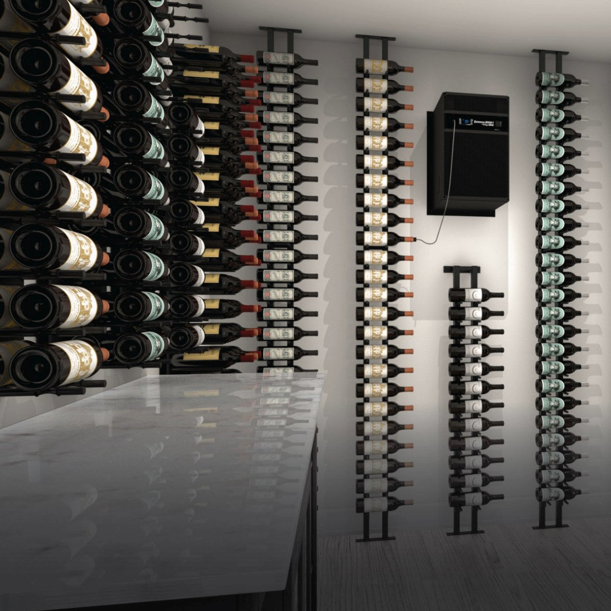 WhisperKOOL Through The Wall Extreme 8000 Ti Wine Cooling System - Rack of Wines Inside the Room with the Cooling System Shown