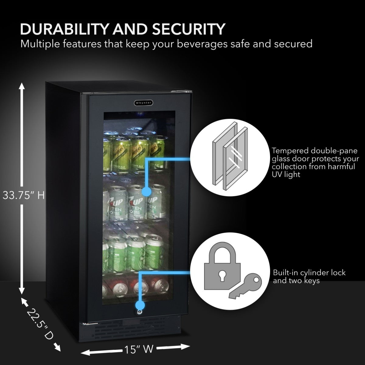 Whynter BBR-801BG 100-Can Built-In Beverage Refrigerator - Durability and Security - Dimensions shown