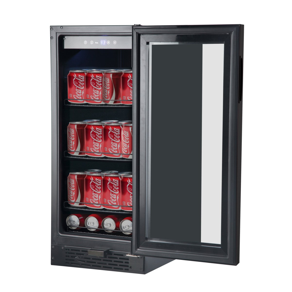 Whynter BBR-801BG 100-Can Built-In Beverage Refrigerator - Front left view with sodas inside open door