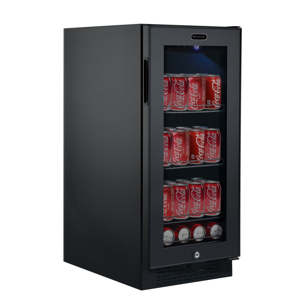 Whynter BBR-801BG 100-Can Built-In Beverage Refrigerator - Front right view with sodas inside closed door