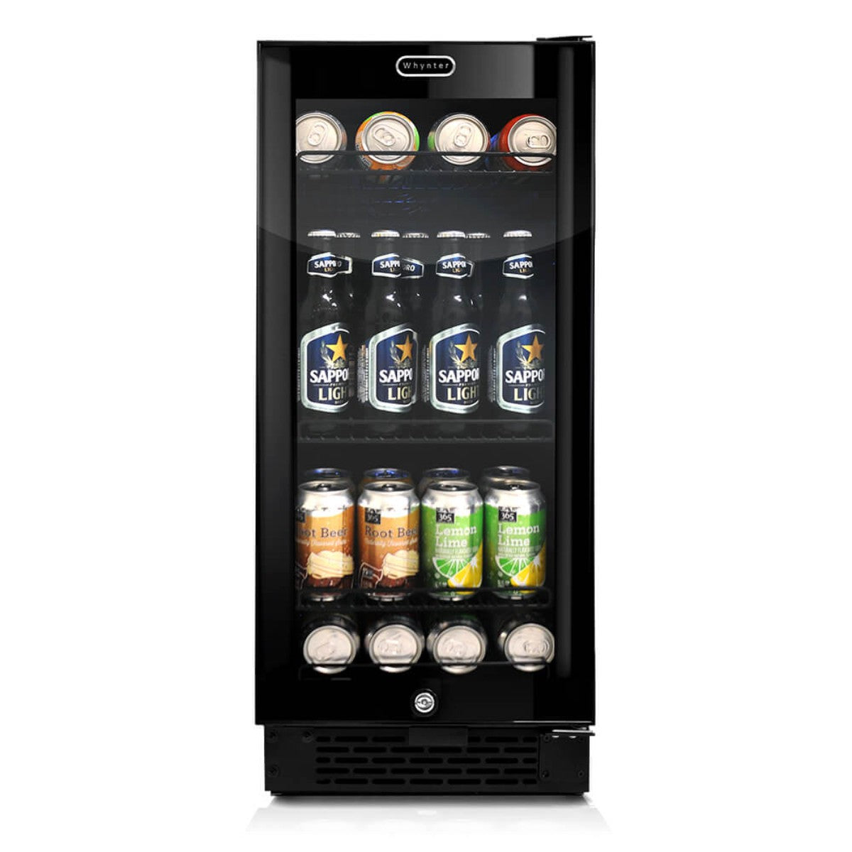 Whynter BBR-801BG 100-Can Built-In Beverage Refrigerator - Front view with sodas and beers inside closed door
