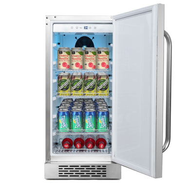 Whynter BOR-326FS Indoor/Outdoor 15 Beverage Refrigerator - Front View Loaded Inside Open Door