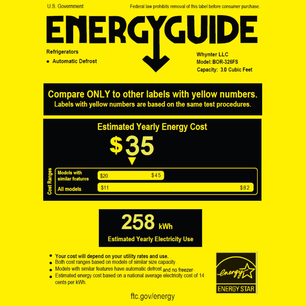 Whynter BOR-326FS Indoor/Outdoor 15 Beverage Refrigerator - Energy Guide Shown
