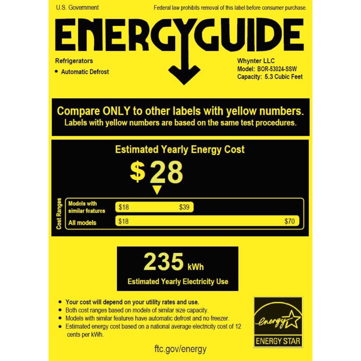 Whynter BOR-53024-SSW 5.3 cu ft Indoor-Outdoor Beverage Fridge -  Energy Guide Shown