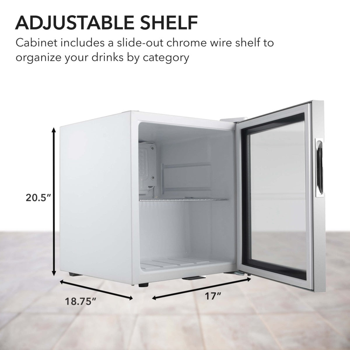 Whynter BR-062WS 68-Can Stainless Steel Beverage Refrigerator - Adjustable Shelf and Dimensions shown
