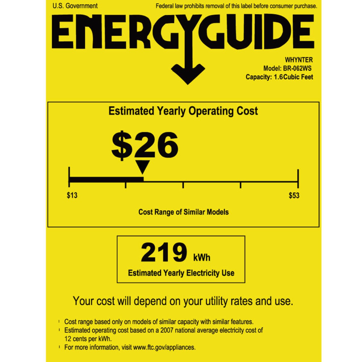 Whynter BR-062WS 68-Can Stainless Steel Beverage Refrigerator - Energy Guide Shown
