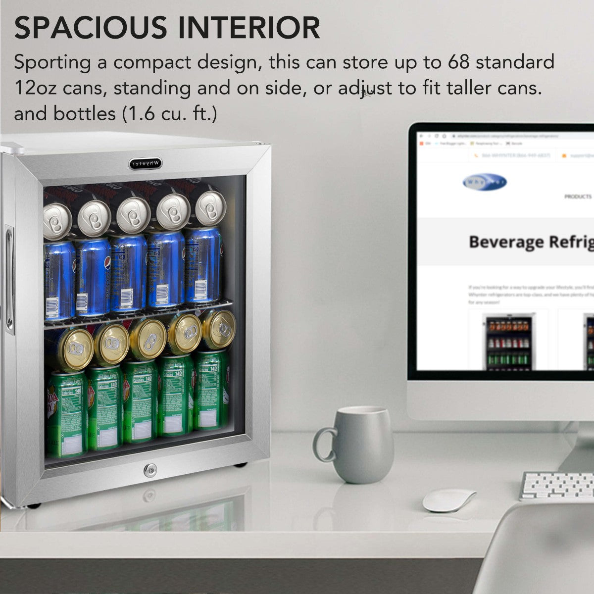 Whynter BR-062WS 68-Can Stainless Steel Beverage Refrigerator - Spacious Interior Shown