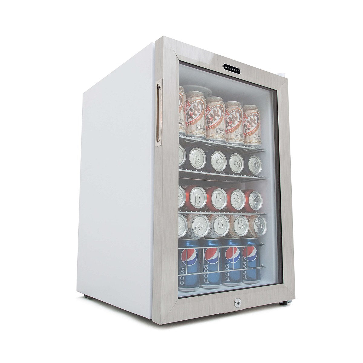 Whynter BR-091WS 90-Can Stainless Steel Beverage Refrigerator - Front Left View Loaded Shelves Closed Door