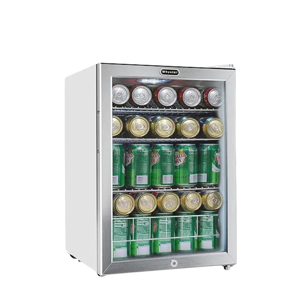 Whynter BR-091WS 90-Can Stainless Steel Beverage Refrigerator - Front Left View Loaded Shelves Closed Door Studio Image