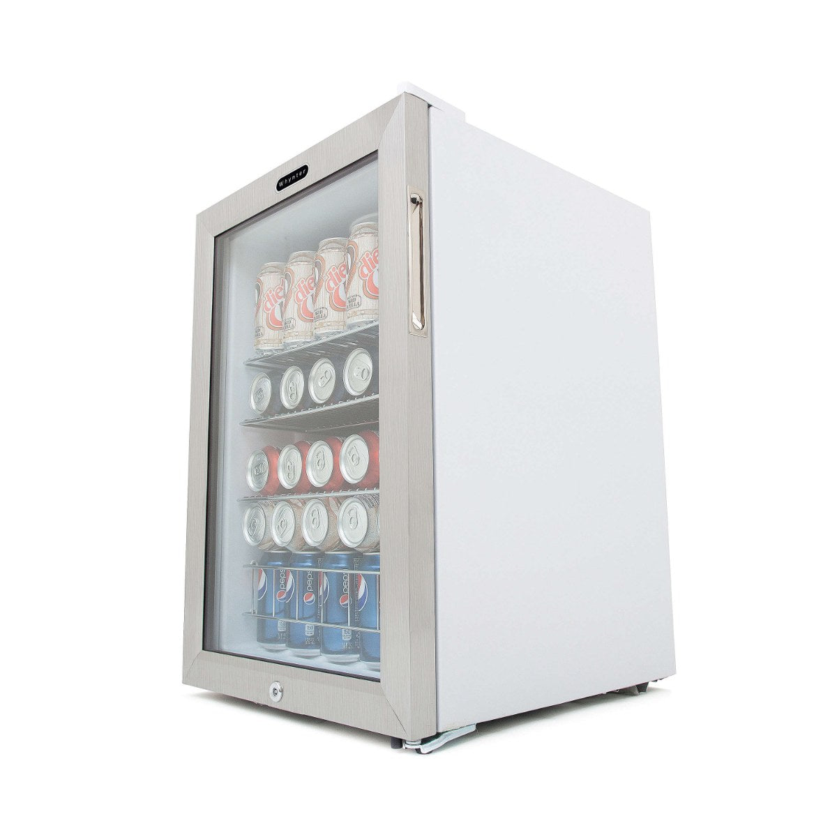 Whynter BR-091WS 90-Can Stainless Steel Beverage Refrigerator - Front Right View Loaded Shelves Closed Door