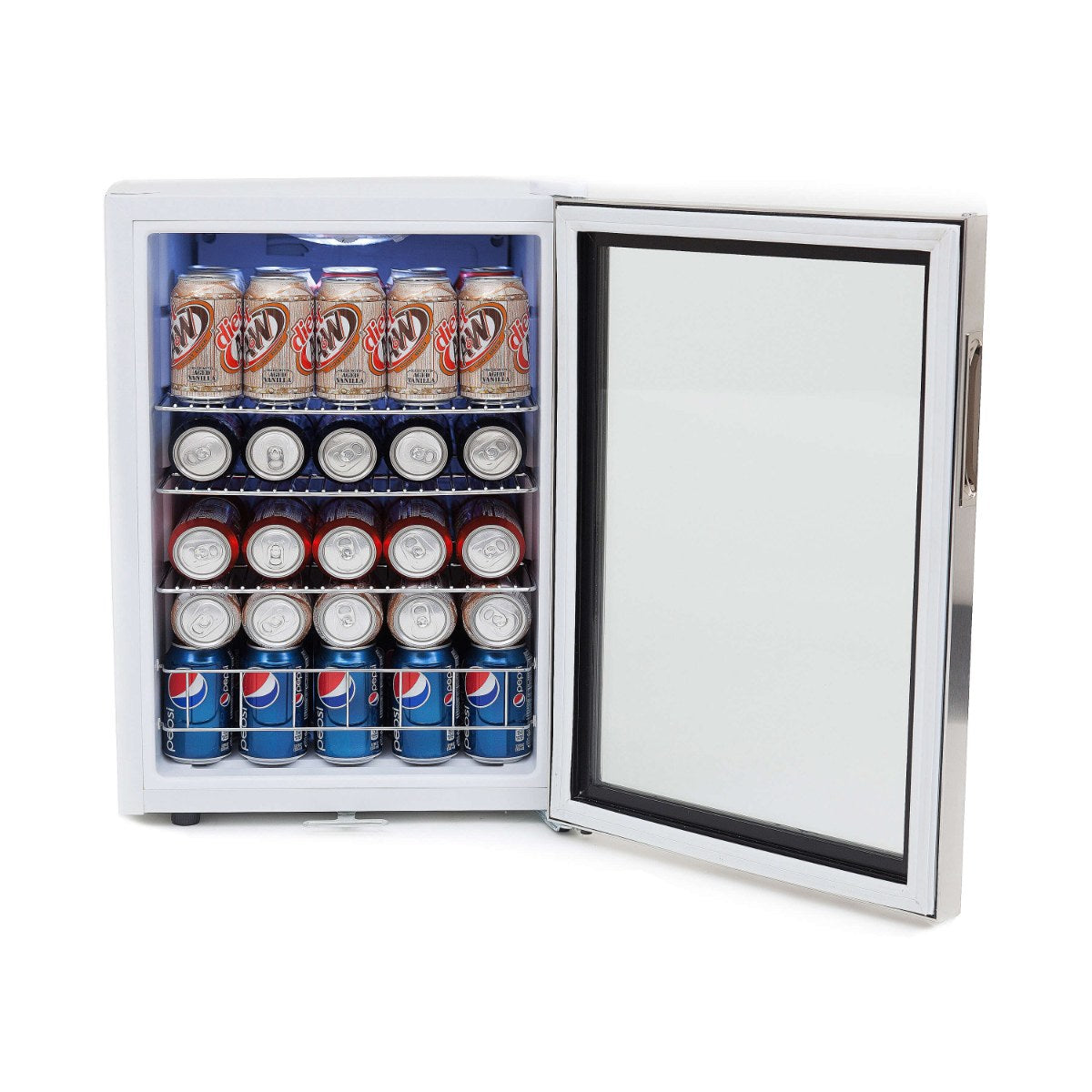 Whynter BR-091WS 90-Can Stainless Steel Beverage Refrigerator - Front View Loaded Shelves Open Door