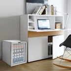 Whynter BR-091WS 90-Can Stainless Steel Beverage Refrigerator - filled with soda cans beside a modern white home office desk