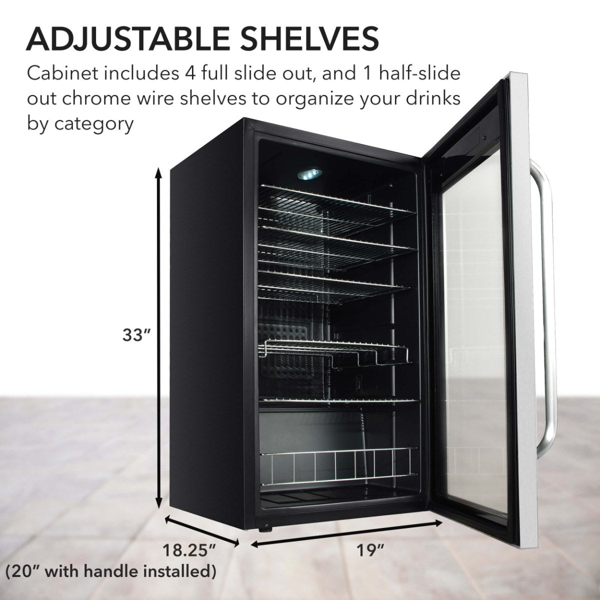 Whynter BR-1211DS 136-Can Stainless Steel Beverage Refrigerator - Adjustbale Shelves Shown with Dimensions
