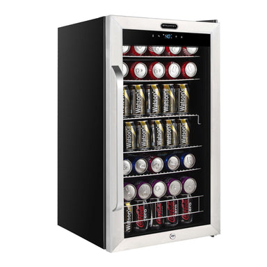 Whynter BR-1211DS 136-Can Stainless Steel Beverage Refrigerator - Front Left View Loaded Inside Closed Door
