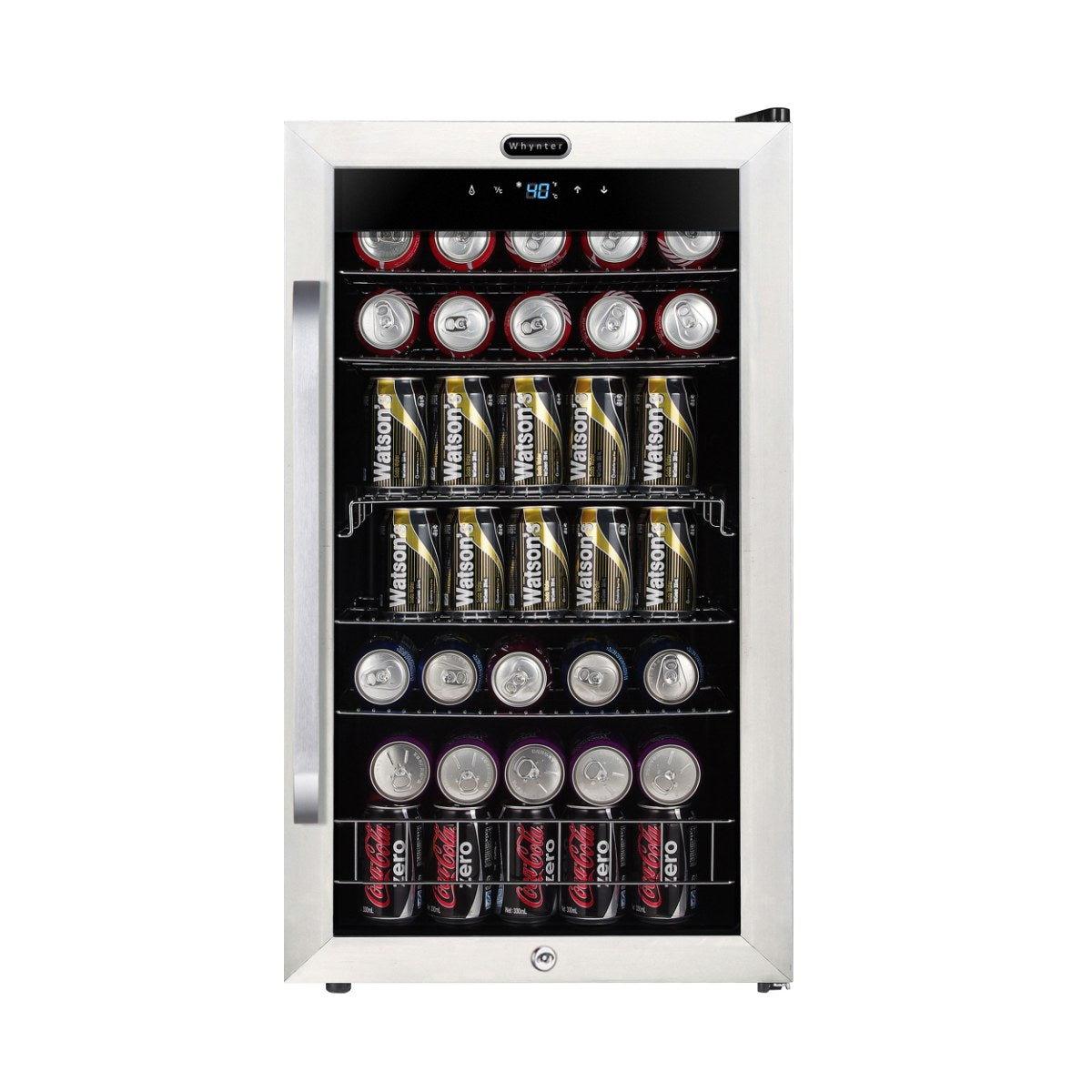 Whynter BR-1211DS 136-Can Stainless Steel Beverage Refrigerator - Front View Loaded Inside Closed Door