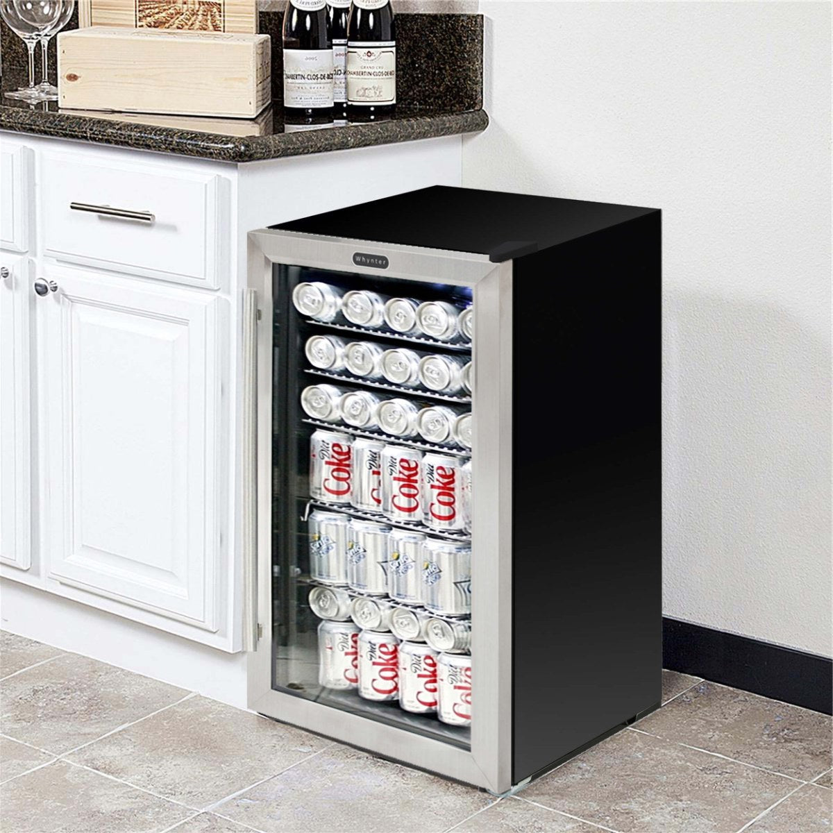 Whynter BR-125SD 117-Can Stainless Steel Beverage Refrigerator - Freestanding fridge filled with cans and bottles in a home kitchen setting