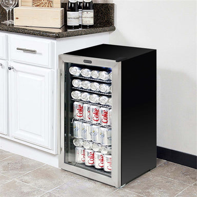 Whynter BR-125SD 117-Can Stainless Steel Beverage Refrigerator - Freestanding fridge filled with cans and bottles in a home kitchen setting