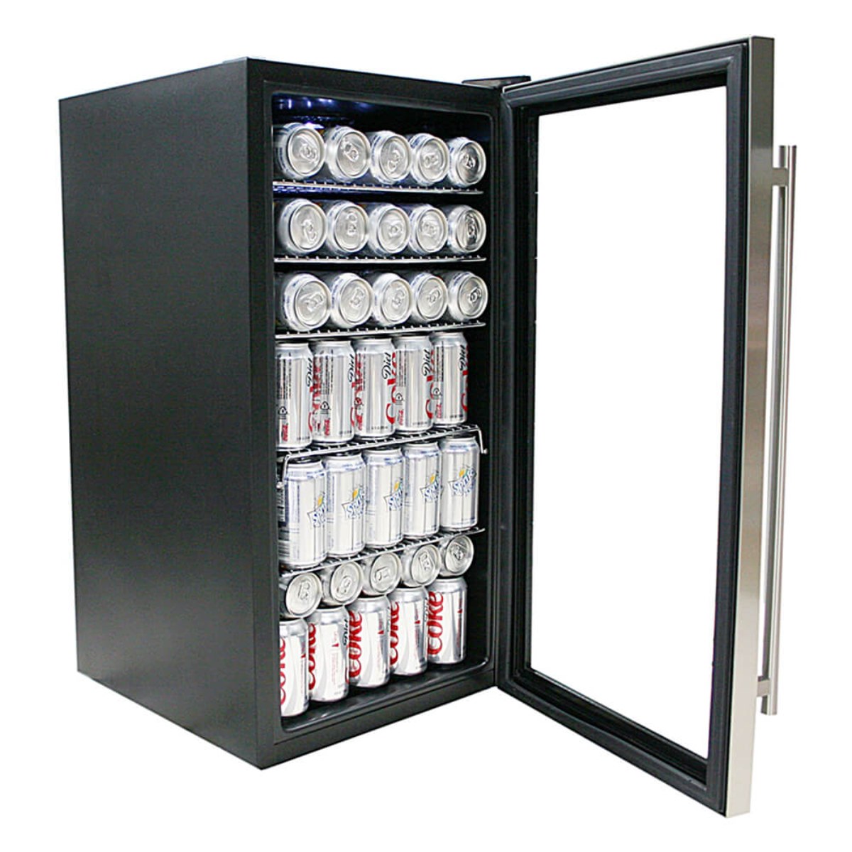 Whynter BR-125SD 117-Can Stainless Steel Beverage Refrigerator - Front Left View Loaded Inside Open Door